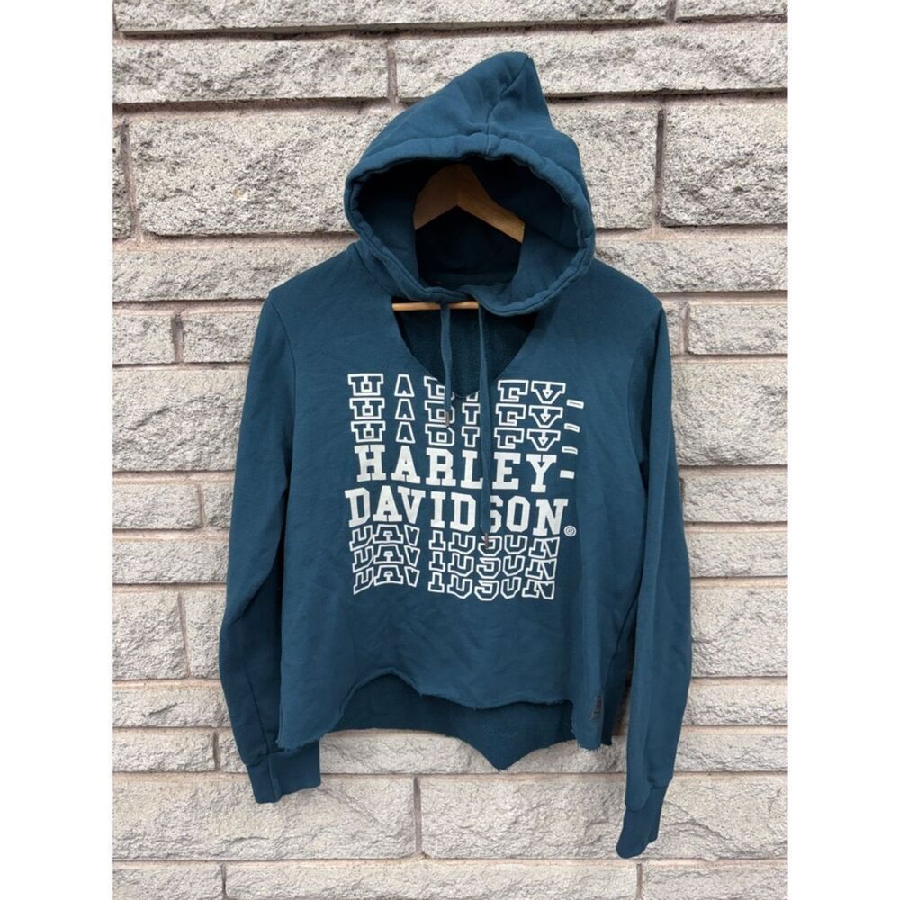 Harley-Davidson Women's Large Raw-Edge Pullover Fleece Hoodie - Green - Blue